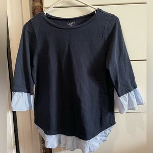 Loft navy blue sweater with light blue striped cuffs and bottom